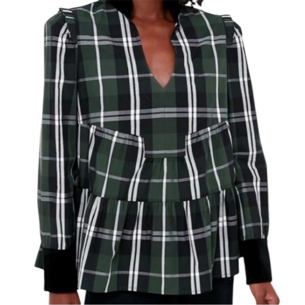 Tuckernuck Green and Black Tartan V-Neck Blouse